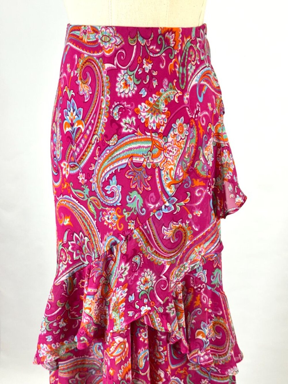 Chaps Y2K Hot Pink Paisley Floral Asymmetrical Ruffle Midi Skirt Elastic Waist - Picture 2 of 9